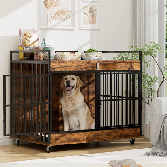 Dog Crate Furniture for Large Dog with 2 Stainless Steel Bowls, Large Wooden Dog Crate Table, XL Heavy Duty