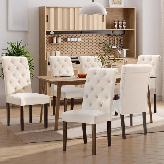 Dining Chairs Set of 6, Button Tufted Parsons Upholstered Chairs with Solid Wood Legs, Mordern Fabric Kitchen Chairs for Dining