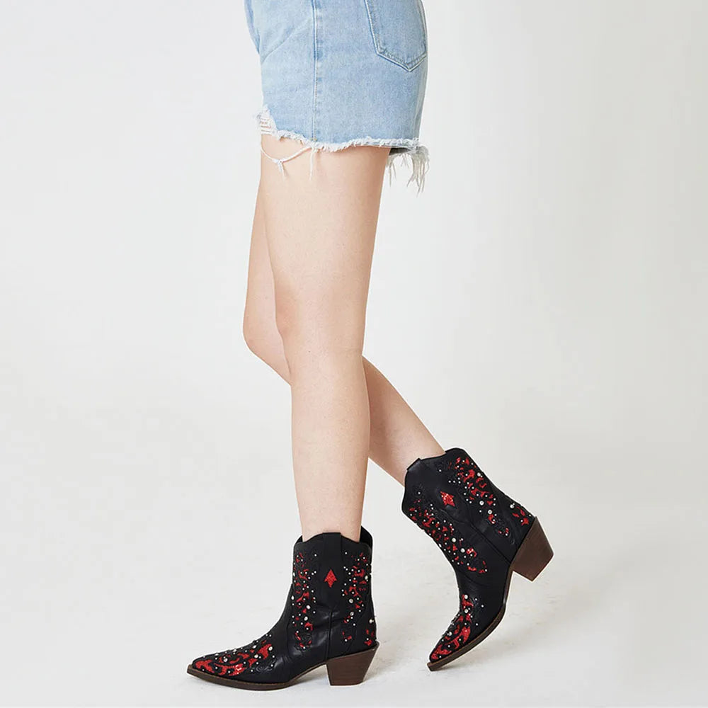 DoraTasia Embroidered Pointed Toe Women Ankle Boots Chunky High Heel Slip-On Crystals Western Boot For Woman Fashion Retro Shoes