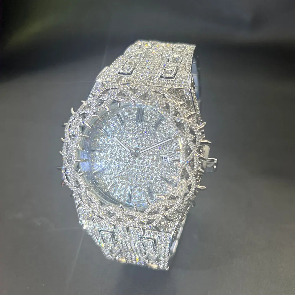 MISSFOX Hot Fashion Full Diamond Watches Men Brand Hip Hop lced Qut Bling Jewelry Flower Quartz Wristwatch For Man Dropshipping