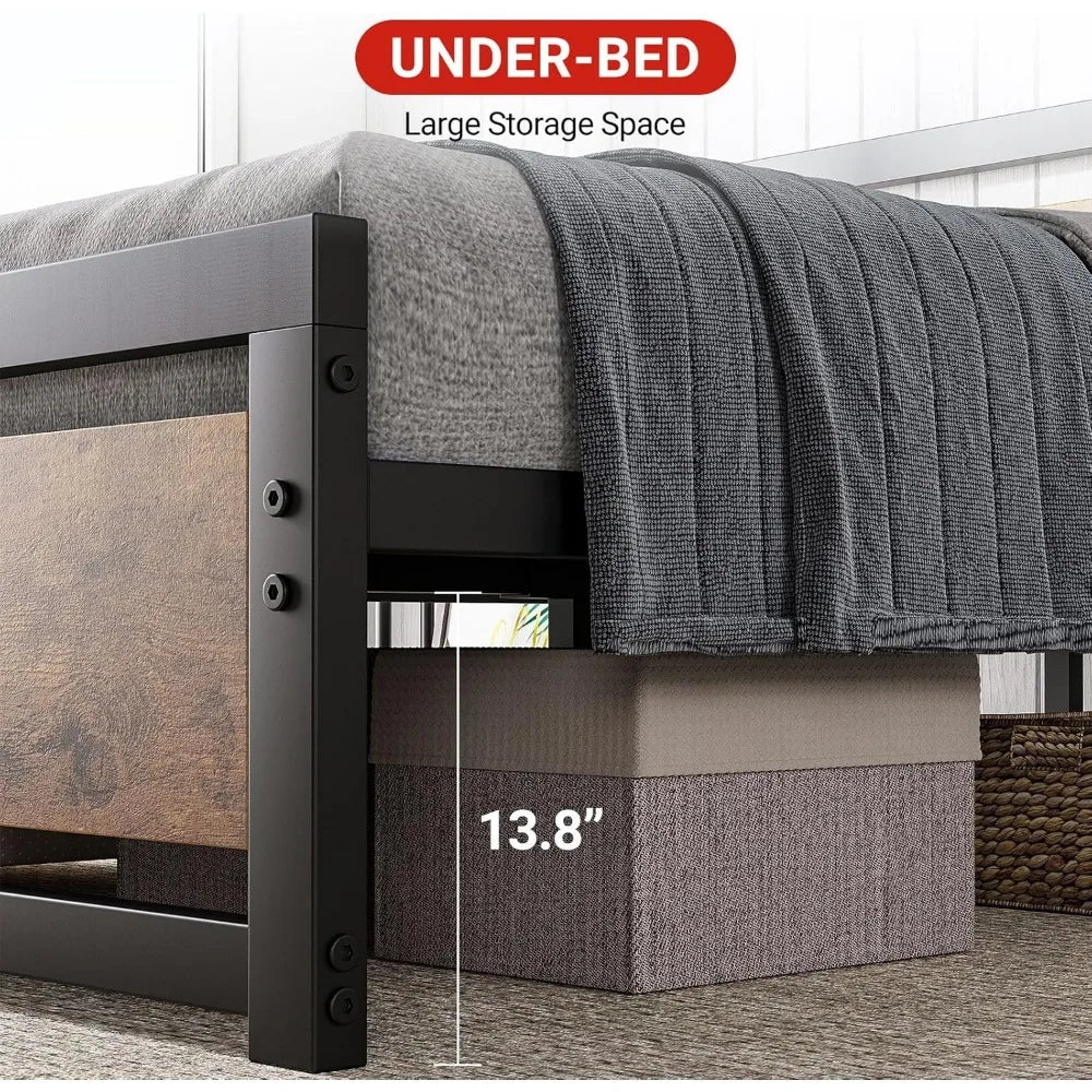 Industrial Style King Size Platform Bed Frame with Headboard, No Box Spring Needed, Easy Assembly for 14 Inch Mattress