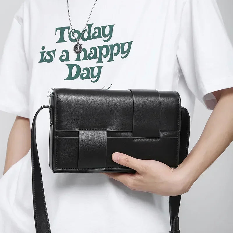 New Fashion Weave Men Crossbody Bag Casual Business Pu Leather Men's Messenger Woven Vintage Shoulder Handbags Bags