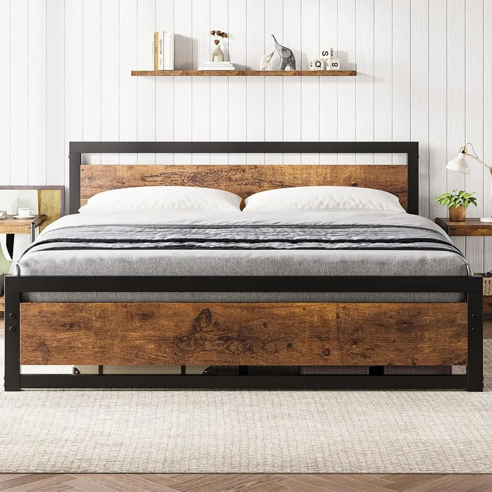 Industrial Style King Size Platform Bed Frame with Headboard, No Box Spring Needed, Easy Assembly for 14 Inch Mattress