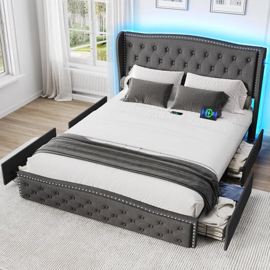 Vabches Queen Size LED Bed Frame with Storage Drawers and Charging Station, Upholstered Platform Bed Frame with Wingback Headboa