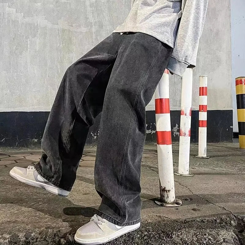 High Street Fashion All-Season With Drawstring Closure And Slight Stretch Jeans Men's Retro Straight Loose Wide Leg Casual Jeans