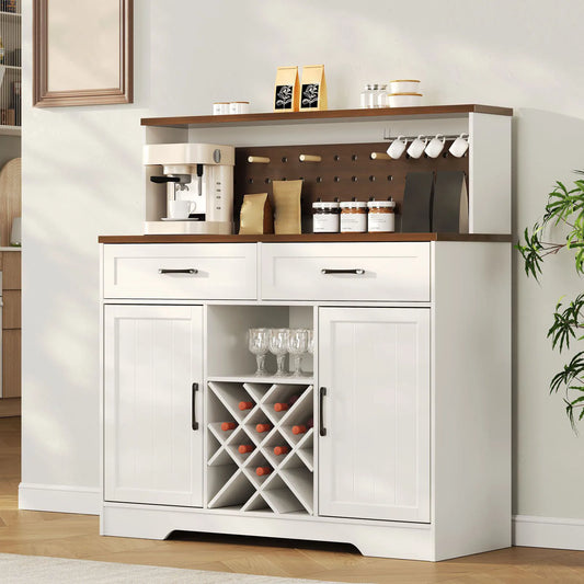 1PC Farmhouse Coffee Bar Cabinet with LED Light Tall Kitchen Hutch Large Storage Doors Drawers Wine Glass Rack Solid Wood Veneer