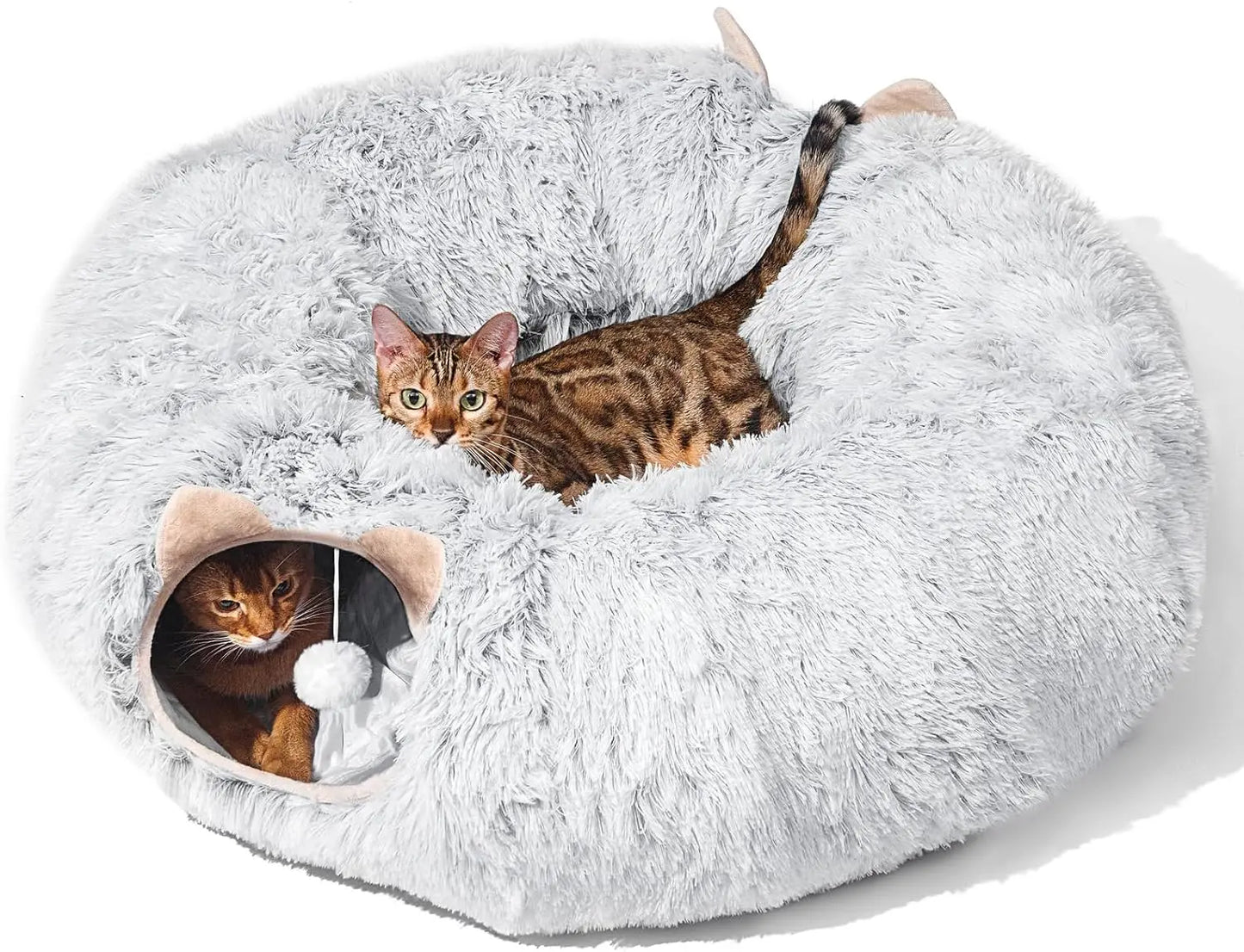 Cat Tunnel Bed – Plush Donut Cave for Indoor Cats, Fits Under Christmas Tree – Grey
