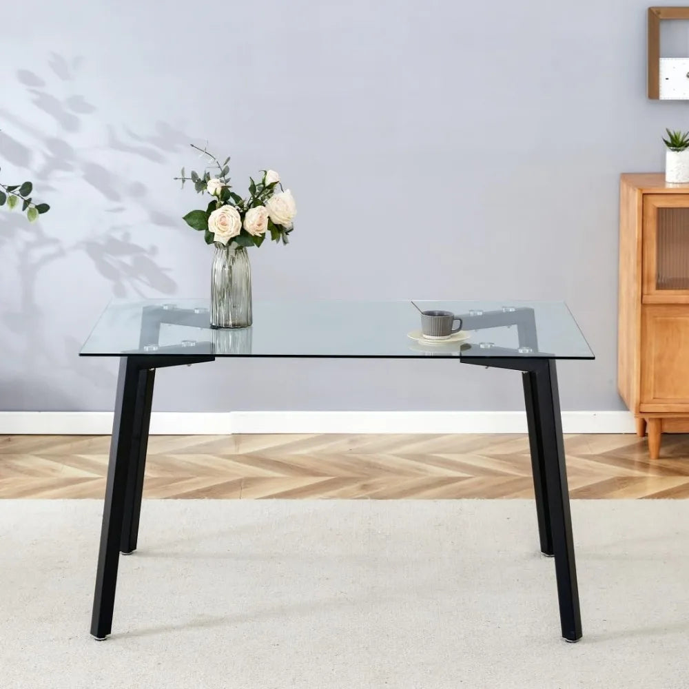 Modern Large Dining Room Table with Tempered Glass Top and Metal Legs - Spacious Home Dining Table