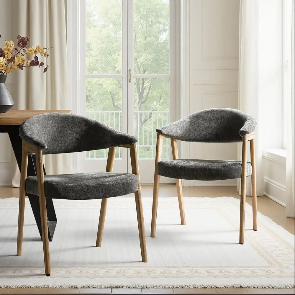 Mid-Century Modern Upholstered Dining Chairs Set of 2, Gray, with Armrests, Curved Backrest & Solid Wood Legs, Suitable for Kitc