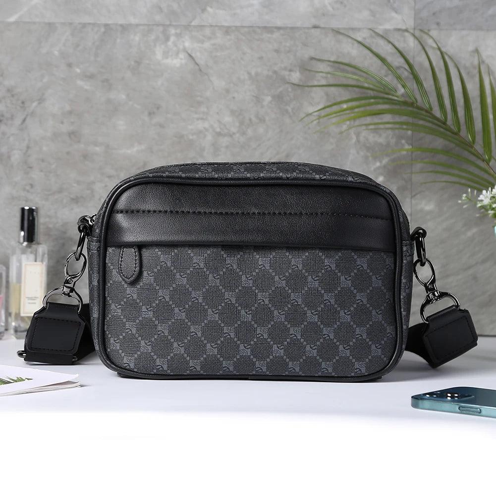 Leather Crossbody Satchel Classic Pattern Men Shoulder Crossbody Bag Small Square Plaid Designer for Travel Work Male Sling Bags
