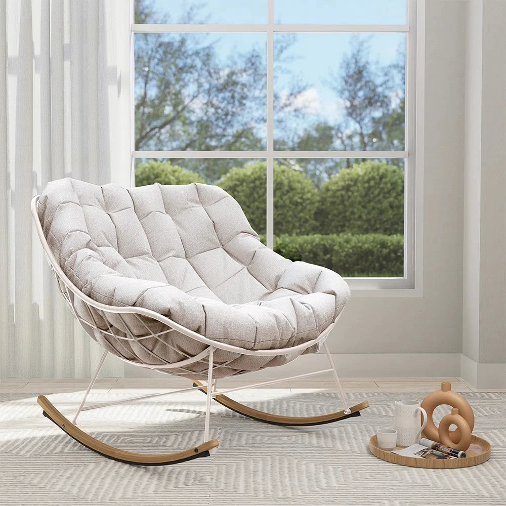 Outdoor Rocking Chair , E-Coated Papasan Rocking Chair with Cushion, Oversized Recliner Rocker for Patio Porch Garden