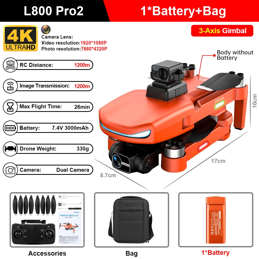 L800 PRO 2 MAX FPV Dual HD Camera Drones GPS 4K HD Dual camera 360° Laser obstacle avoidanceWith Brushless Motor RC Quadcopter