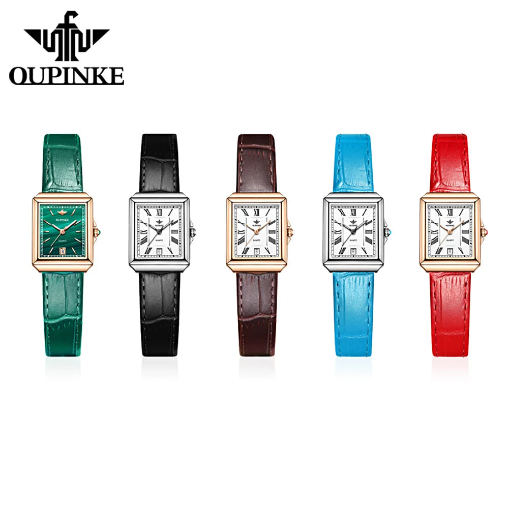 OUPINKE 3182 Simple Womens Watches Elegant Rectangular Dial Quartz Watch Leather strap Date Waterproof Original Lady Wristwatch