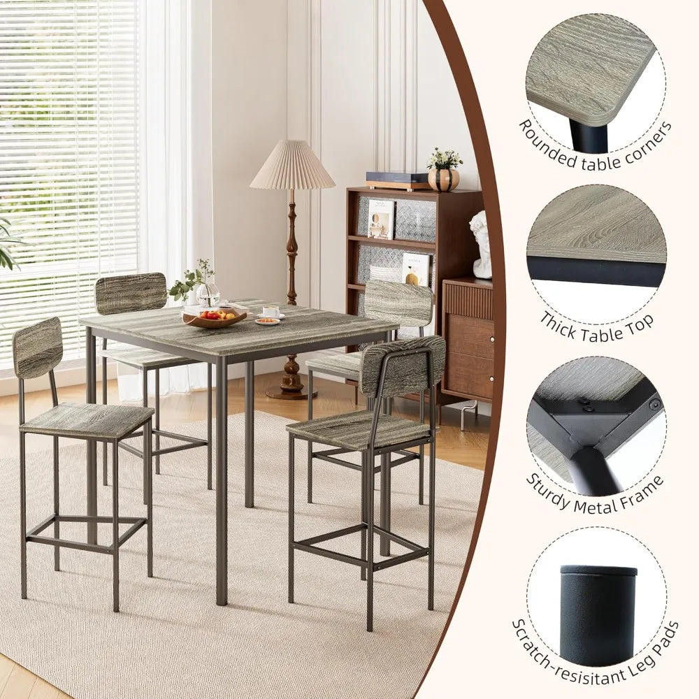 4-Piece Kitchen Table Chairs Set, 5-Piece Dining Table Collection, Durable and Compact Industrial Style Dinette for Pubs and Fam