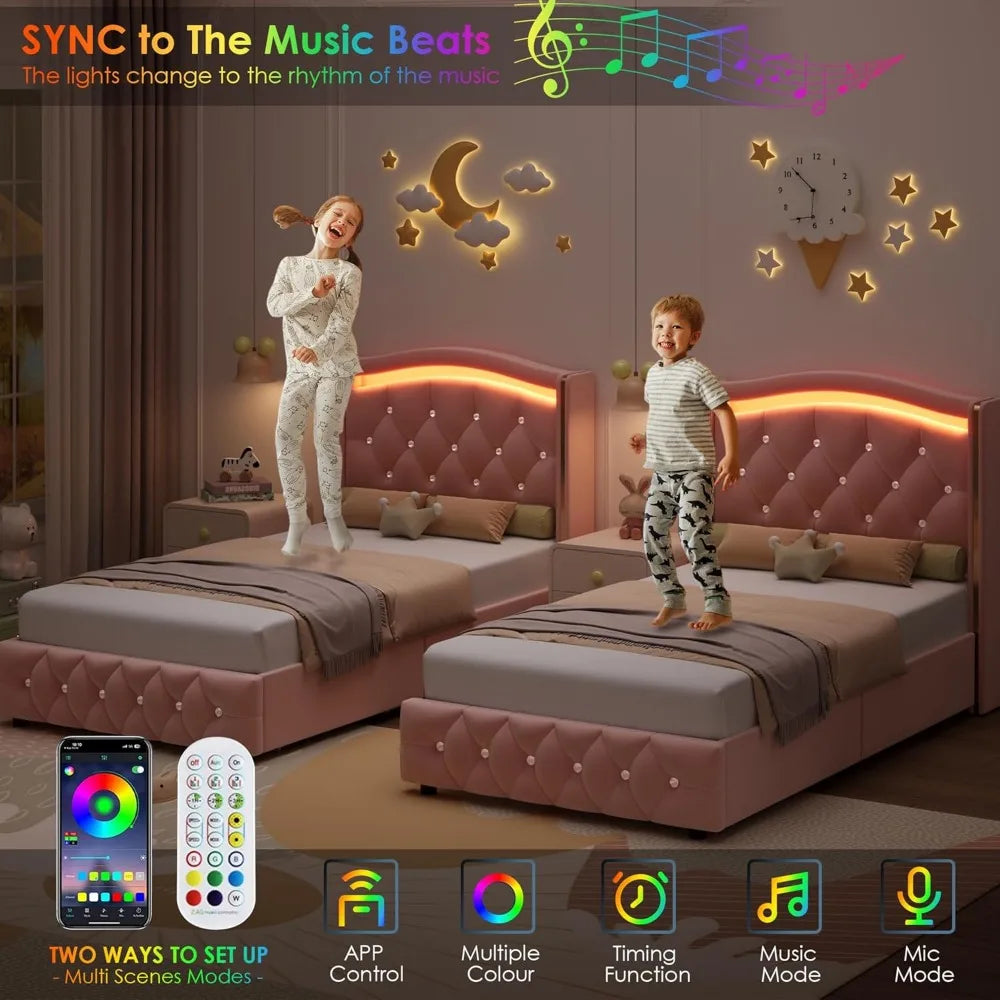 HIFIT Upholstered Twin LED Bed Frame with Crystal Button-Tufted Headboard and 4 Storage Drawers, Velvet Princess Twin Size Platf