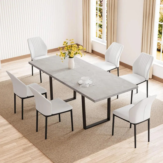 Modern Mid-Century Extendable Dining Table Set – 51"-67" Wooden Table with 6 Upholstered Chairs, Stylish & Durable for 6-8 Peop