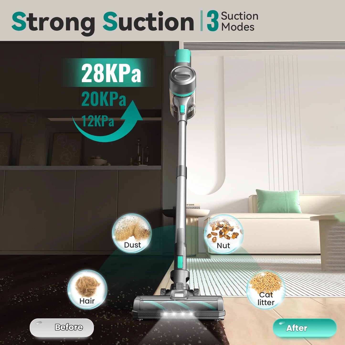 DEVOAC  S10K Cordless Vacuum Cleaner, 28Kpa Suction 3 Modes Handheld Stick Vacuum for Carpet, Pet Hair, Hard Floor