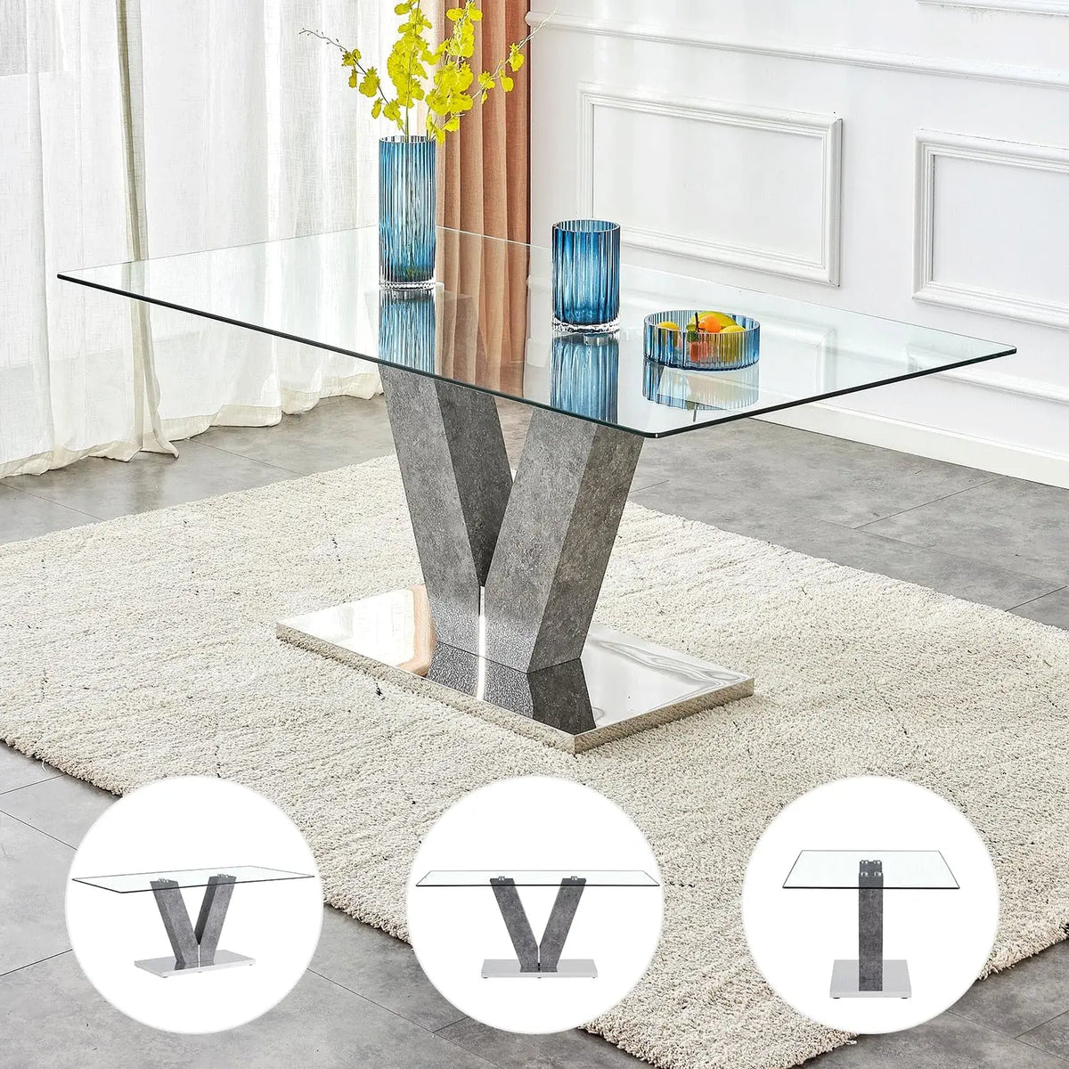 Glass Dining Room Table Set for 6,Grey Dining Table with 6 PU Leather Dining Chairs.71'' Kitchen Table with Natural