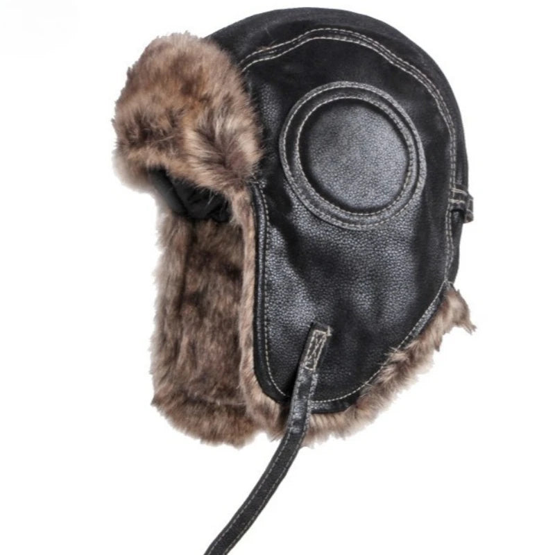 Unisex Aviator Hat Faux Leather Pilot Cap Winter Trapper Hunting Hat Windproof Russian Ushanka Thermal Thick Padded Winter Hat