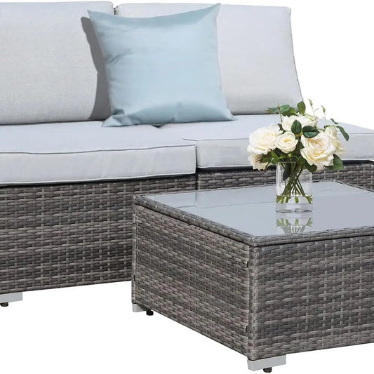 All-Weather Grey PE Wicker Outdoor Sectional Sofa Set with Light Grey Cushions for Patio, Balcony, and Garden