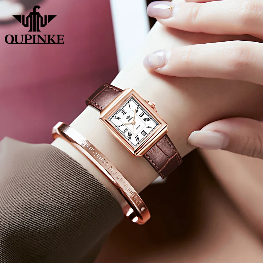 OUPINKE 3182 Simple Womens Watches Elegant Rectangular Dial Quartz Watch Leather strap Date Waterproof Original Lady Wristwatch