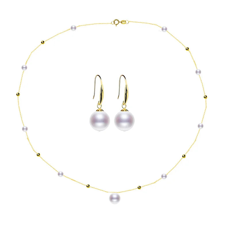 NYMPH 18K Gold Pearl Jewelry Set Natural Freshwater Pearl Necklace Pure AU750 Earrings for Women Wedding Gift t424