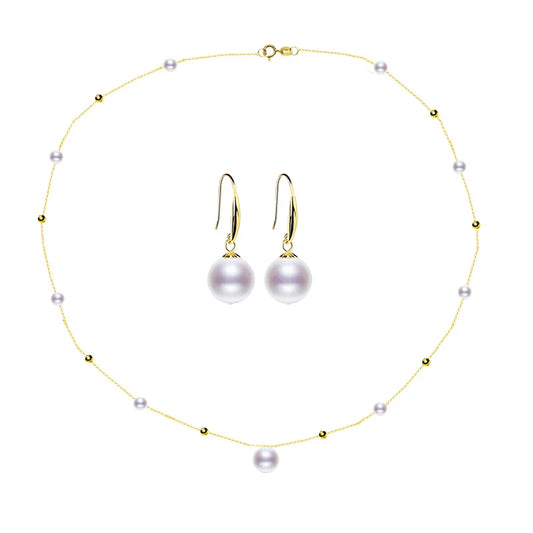 NYMPH 18K Gold Pearl Jewelry Set Natural Freshwater Pearl Necklace Pure AU750 Earrings for Women Wedding Gift t424