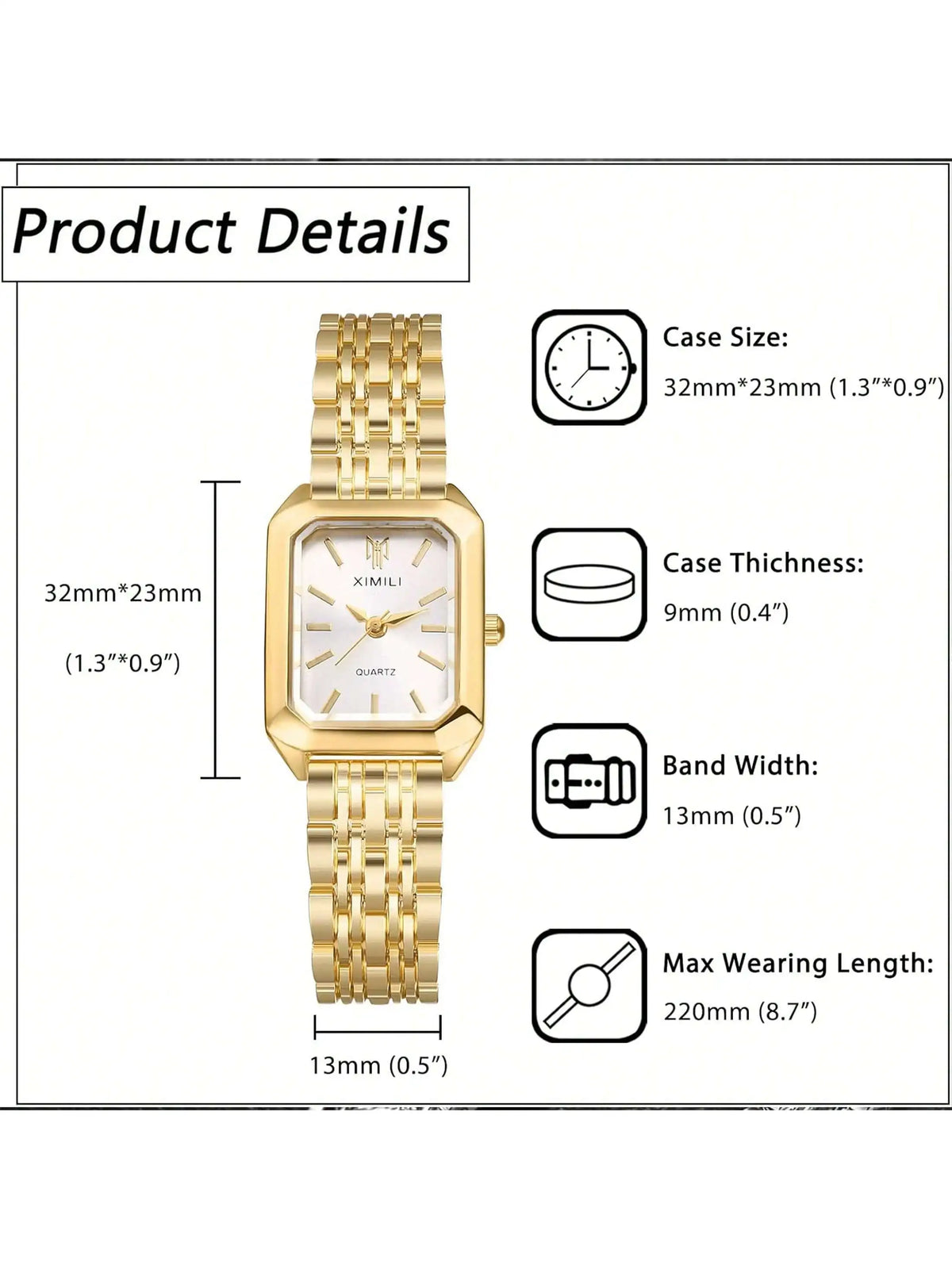 Women's Rectangular Case Analogue Quartz Watch, Metal Bracelet Band Ladies Wristwatch