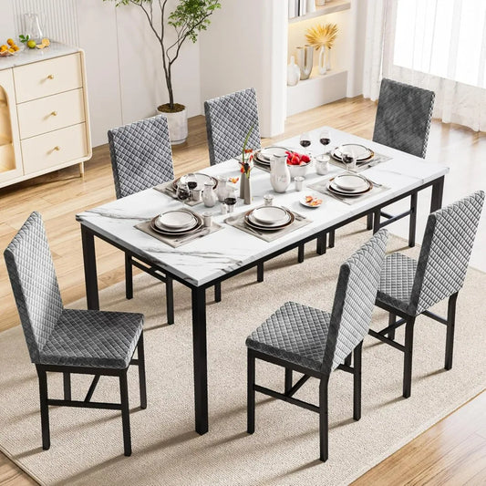 7 Piece Dining Table Set for 6 with Chairs of Velvet Foam, Faux Marble Kitchen Dining Table Set for Small Space, Living Room, A