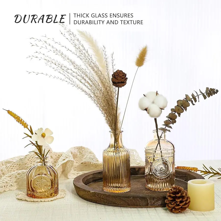 Glass Bud Vase Set of 5, Gold Amber Small Flower Vases for Centerpieces in Bulk, Mini Vintage Vase for Rustic Wedding, Home,Tabl