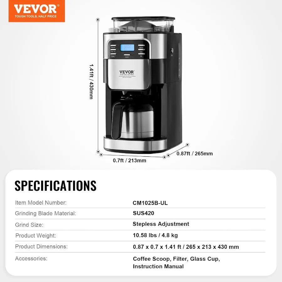 8Cup Coffee Maker with Builtin Grinder for Home Office and Restaurant Use Features 3 Brew Strength Settings 24Hour Programmable