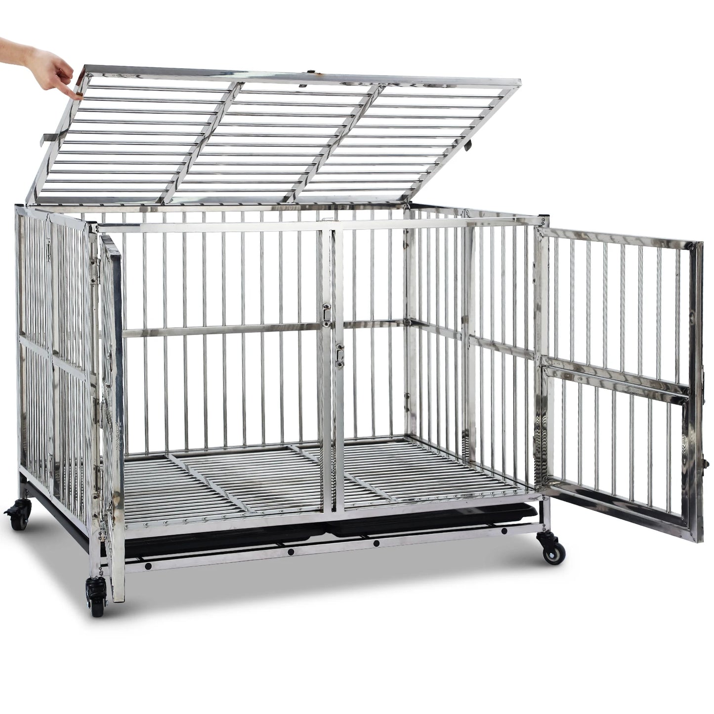 48" Heavy Duty Dog Crate Cage Kennel with Wheels, Full Stainless Steel High Anxiety Indestructible Dog Crate,Sturdy Locks Design