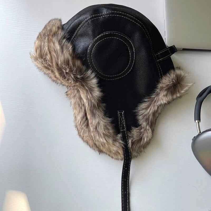 Unisex Aviator Hat Faux Leather Pilot Cap Winter Trapper Hunting Hat Windproof Russian Ushanka Thermal Thick Padded Winter Hat