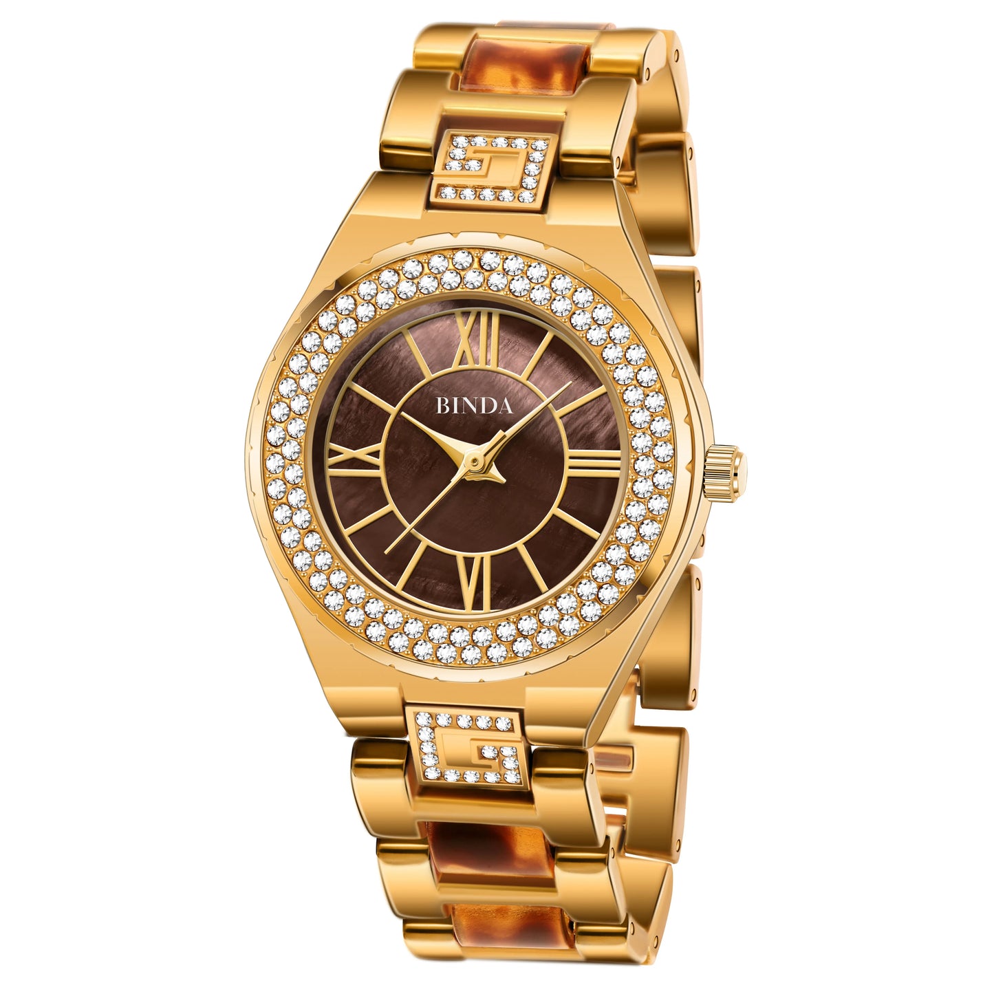 Binda Elegant Women Gold Quartz Watch Amber Accents, Mother-of-Pearl Dial, Roman Numerals, Amber Bracelet, Gift Box
