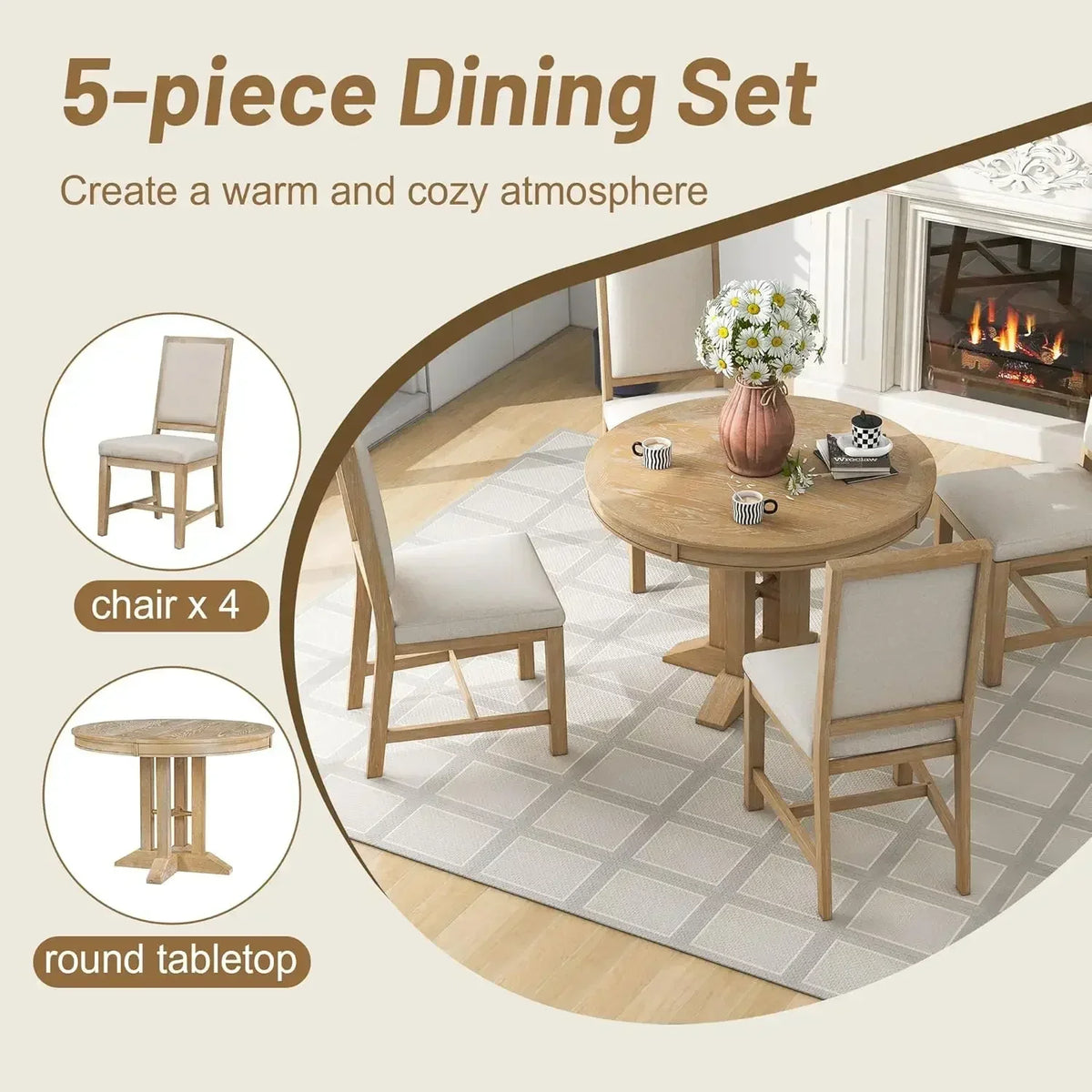 （XMSJ-Hot）5-Piece Farmhouse Round Dining Table Set with Extendable Round Table and 4 Upholstered Chairs, Compact Table Set for K