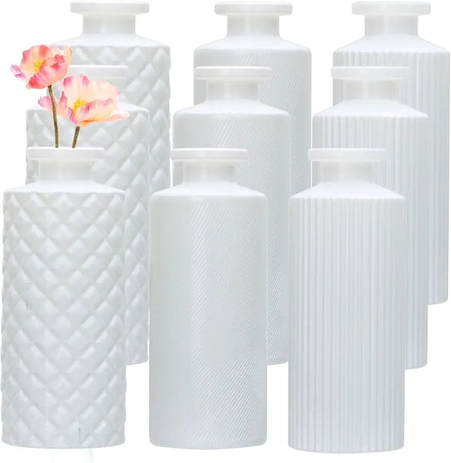 Glass Bud Vase Set in Bulk, 9pcs Mini Vintage Flower Vases for Wedding,White Relief Vase for Centerpieces,Home Table Flower Deco