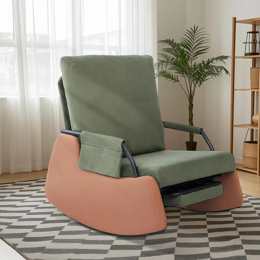 Upholstered Nursery Rocking Chair with High Backrest Side Pocket Gliding Iron Frame Rocking Chair with Footrest for Living Room