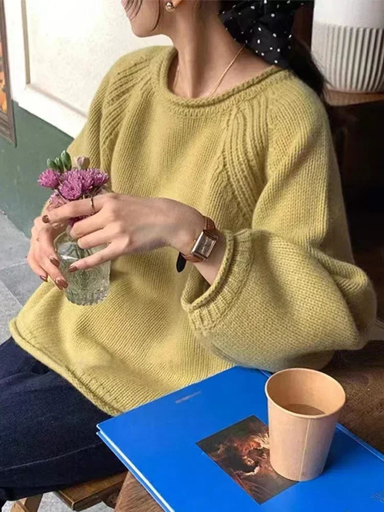 2025 Chic Solid Femme Sweater Pullover Loose Long Sleeve Women Sweater Korean Autumn Winter Jumpers Knitwear Soft Warm Tops