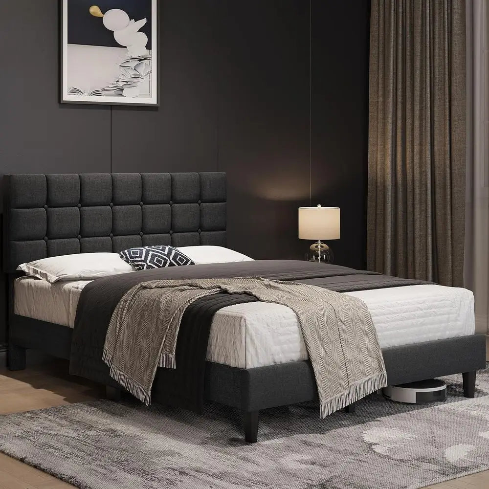 Modern Queen Upholstered Bed Frame with Adjustable Headboard, Button-Tufted, Dark Grey, No Box Spring Needed