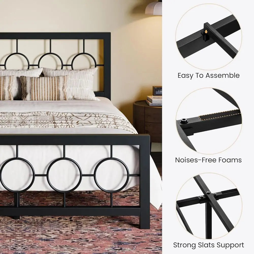 Vintage-Style Queen Metal Bed Frame with Circular Headboard and Footboard, No Box Spring Needed, Easy Assembly, Black