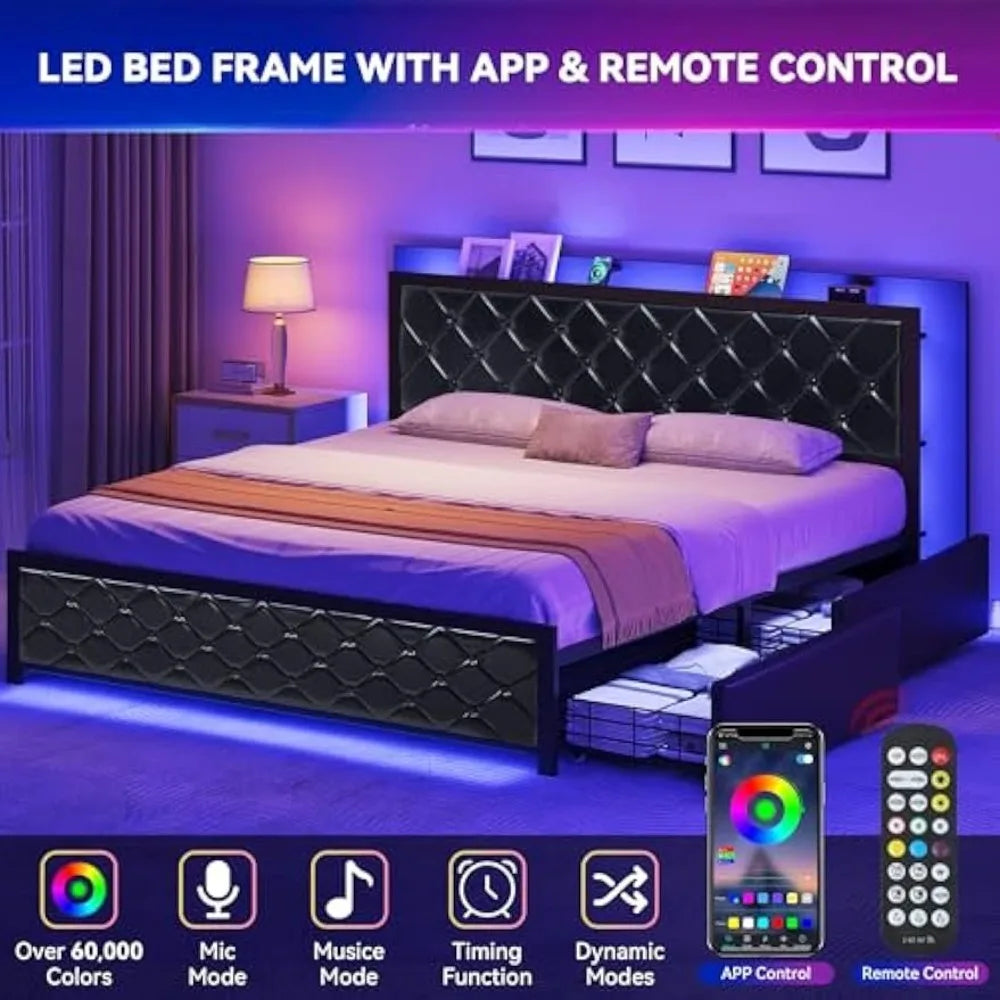 yitahome queen bed frame with rgb led lights headboard & 4 storage drawers, modern upholstered faux leather platform bed with us