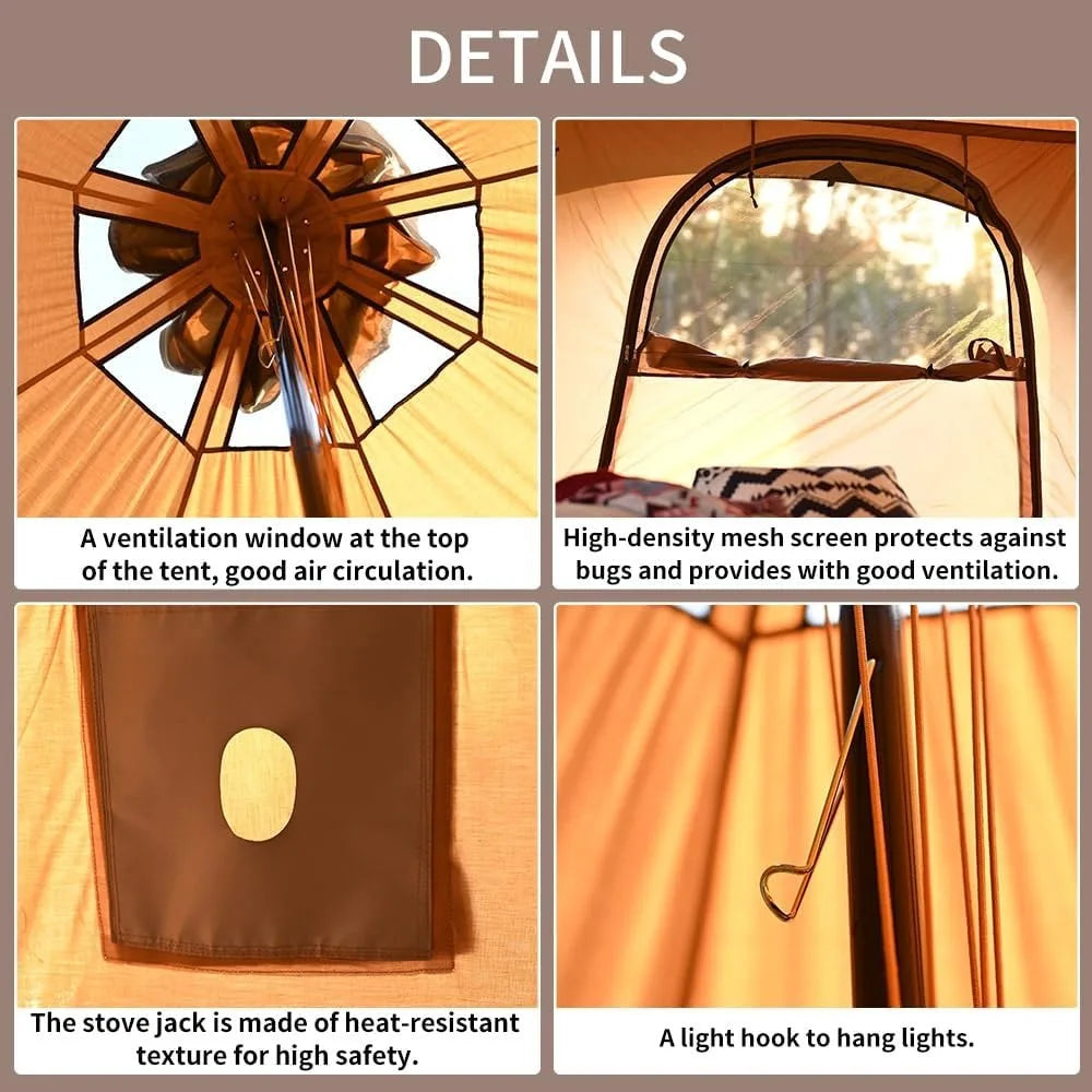Family Glamping Bell Tent 16.4ft High with 9.2ft Diameter, Removable Floor and Stove Jack for Outdoor Camping
