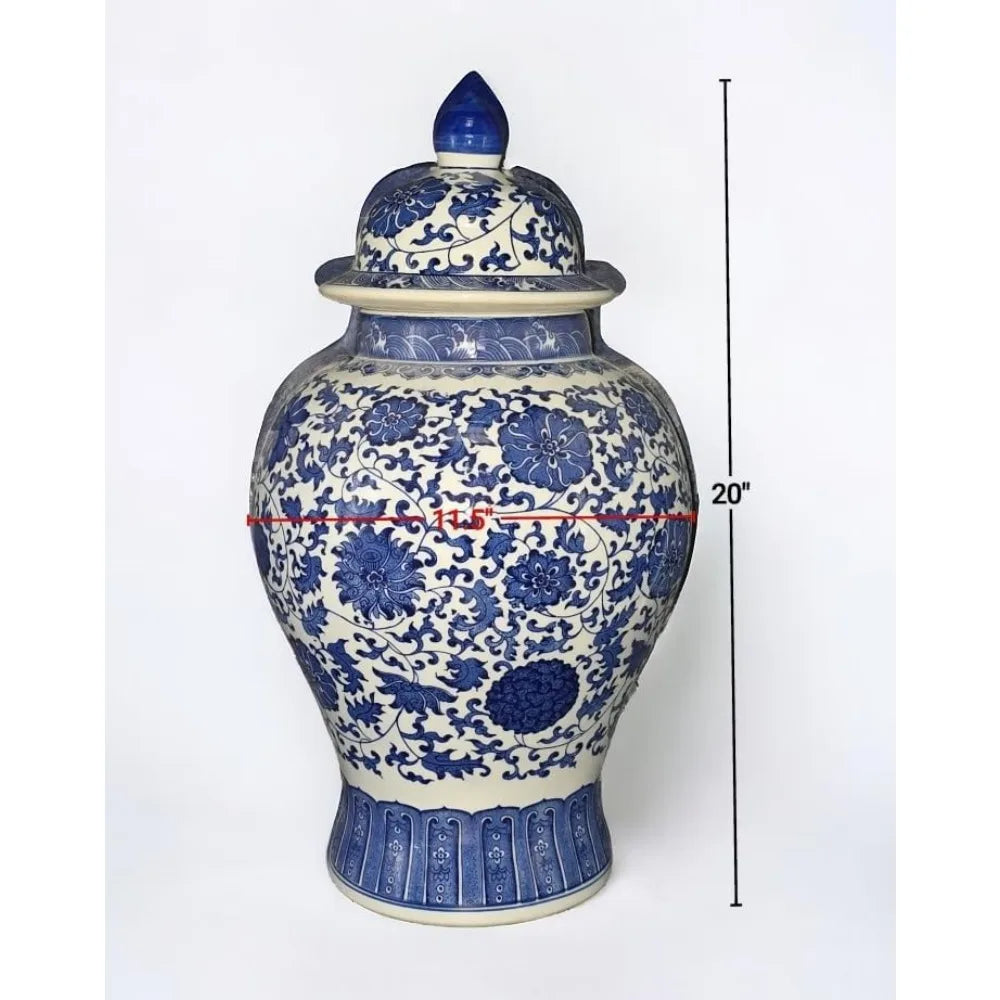 Large Antique-Inspired Blue and White Porcelain Floral Temple Jar Vase, Ming Dynasty Style, Handcrafted in Jingdezhen, China