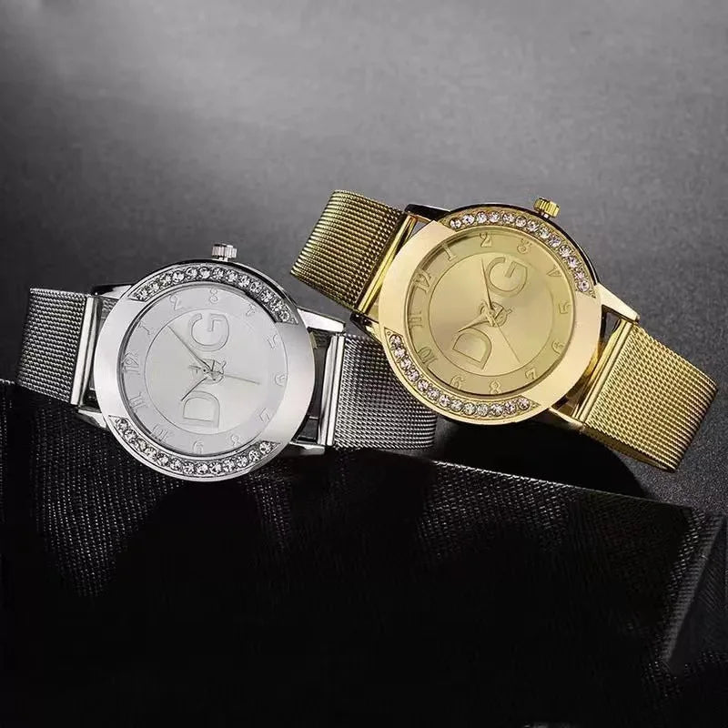 Ladies watch, double diamond outer ring sand diamond surface steel mesh belt Ladies watch