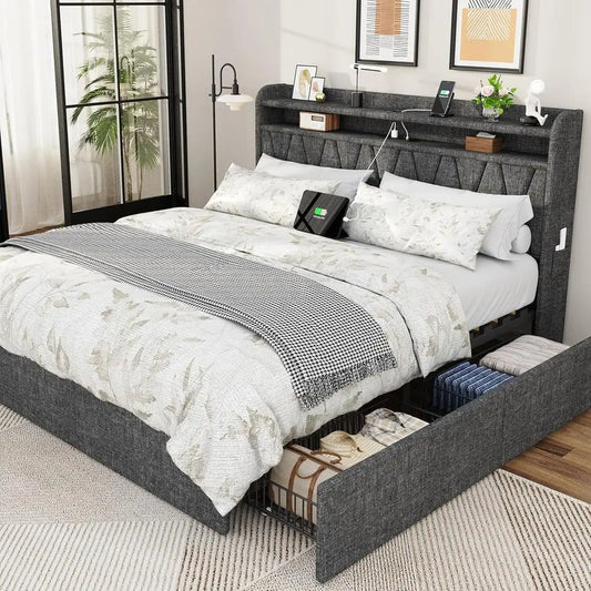 King Size Upholstered Bed Frame with Headboard, 4 Drawers, Charging Station, Dark Grey, Easy Assembly, No Box Spring Needed