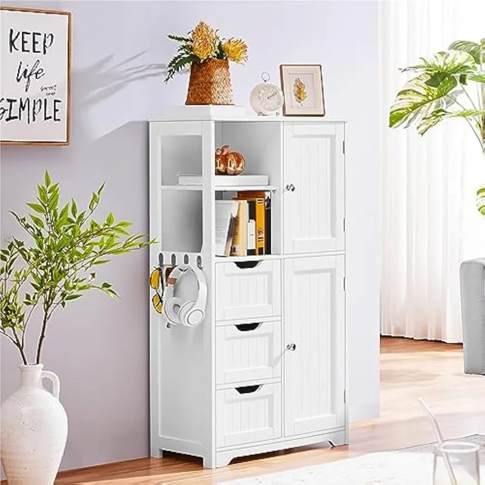 Bathroom Floor Cabinet 42″, Freestanding Storage Cabinet with 3 Drawers, 2 Open Shelves and 2 Doors, Wooden Storage Organizer w