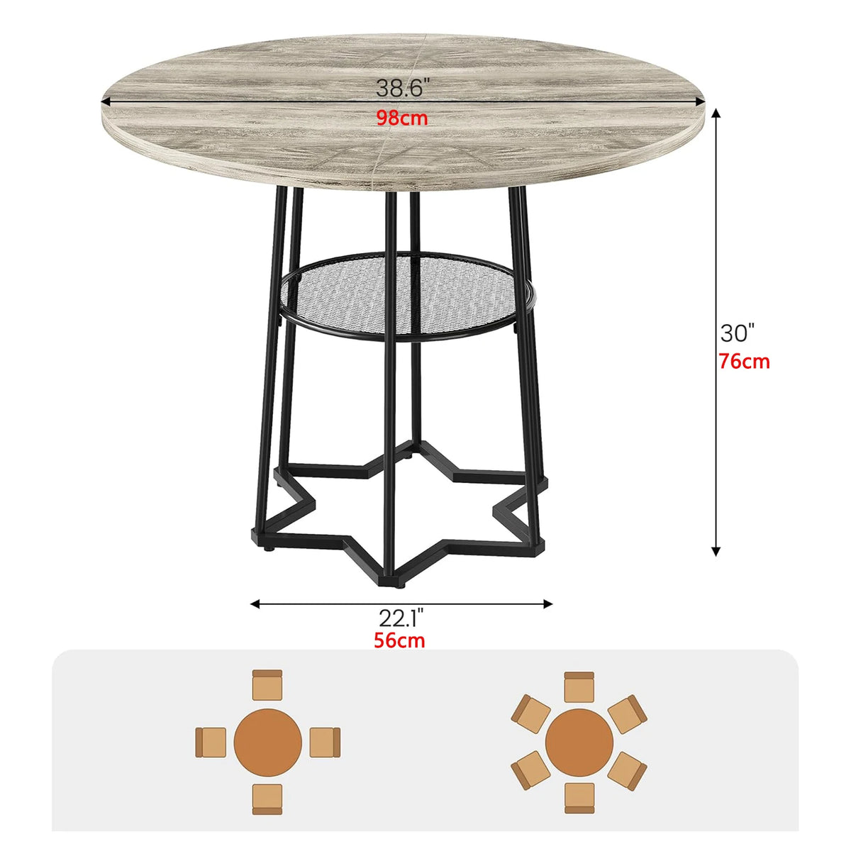 Rustic Round Dining Table Farmhouse Kitchen Table Dinner Table with Metal Base for Dining Room, Kitchen, Living Room