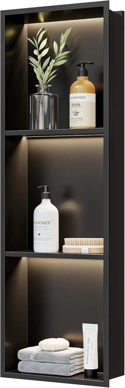3-Tier 12x36“ Recessed Shower Niche with LED Light, Matte Black Stainless Steel Wall-Mounted Bathroom Shelf, 3000K Warm