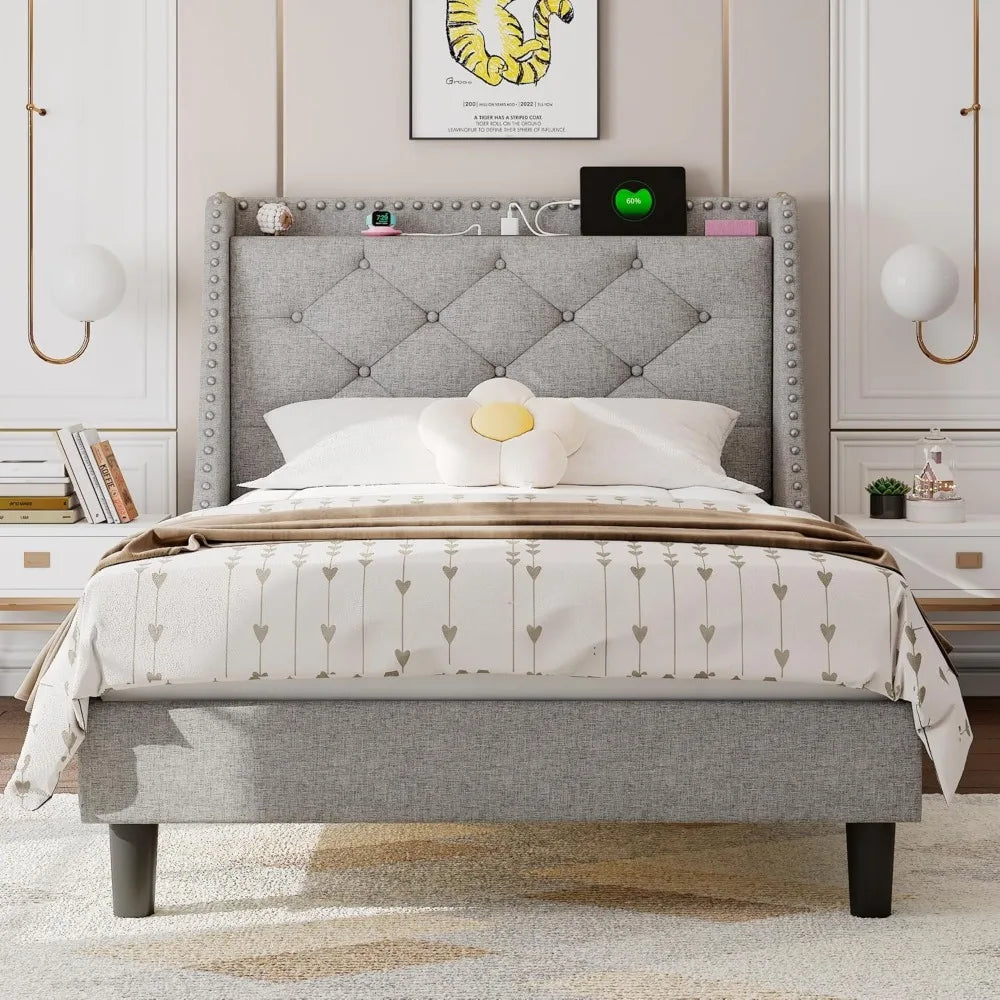 Twin Bed Frame with Upholstered Storage Headboard, Button Tufted Wingback Design, Fast Charging Station Included