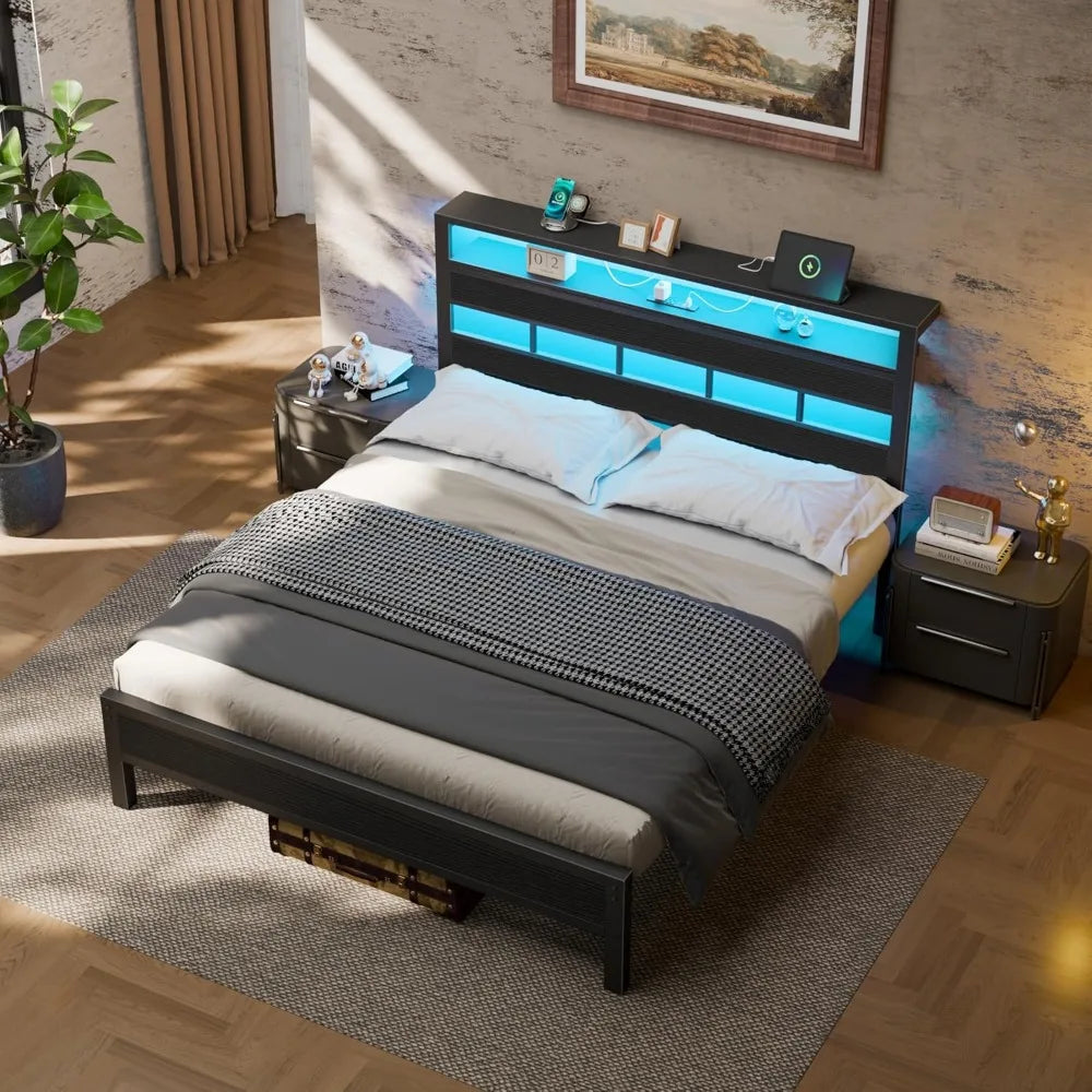 Queen Size Metal Bed Frame with Storage Headboard, LED Lights, Charging Station, and USB Ports